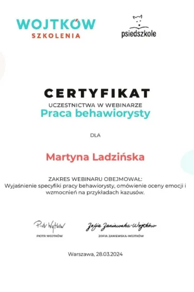 specyfika pracy behawiorysty wojtków szkolenia