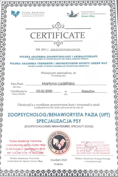 certyfikat PAZIA behawiorysta specjalizacja psy